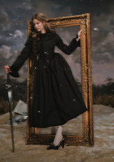 Dramatic Black & White Down Coat with Puffy Hood & Waist-Defining Silhouette