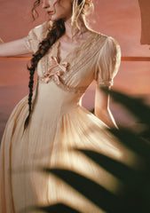 Romantic Sunset Rose Dress with Lace Trim for Garden Parties and Dates