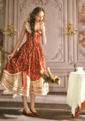 Vintage Teddy Bear Print Dress with Lace Neckline and Frilled Hem