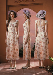 Romantic Wisteria Print Dress with Lace Trim and Flutter Sleeves