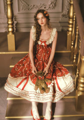 Vintage Teddy Bear Print Dress with Lace Neckline and Frilled Hem