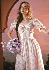 Romantic Floral Garden Dress with V-Neck Lace Trim for Spring Afternoons