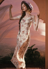 Romantic Wisteria Print Dress with Lace Trim and Flutter Sleeves