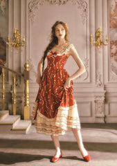 Vintage Teddy Bear Print Dress with Lace Neckline and Frilled Hem