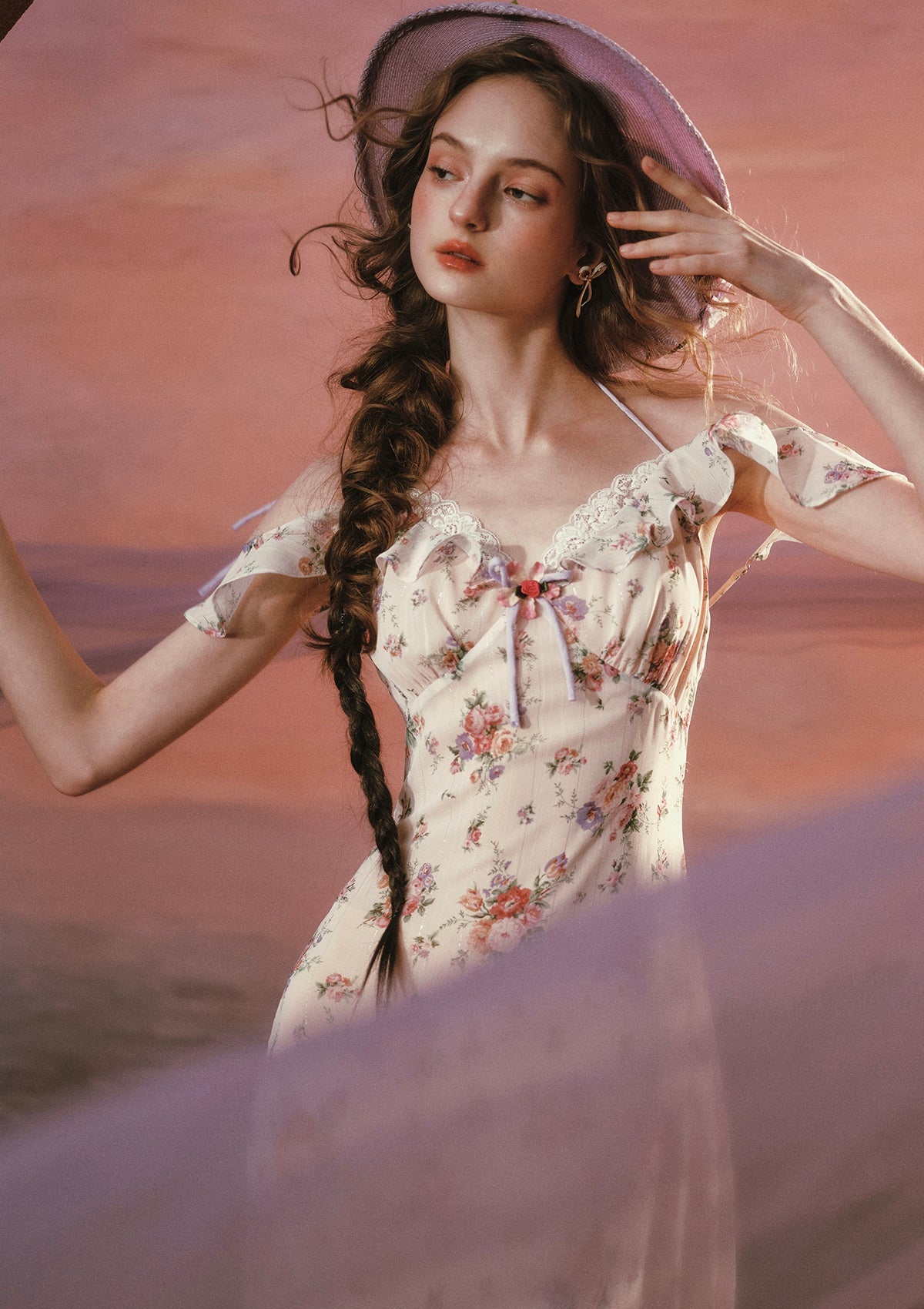 Romantic Wisteria Print Dress with Lace Trim and Flutter Sleeves