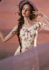 Romantic Wisteria Print Dress with Lace Trim and Flutter Sleeves