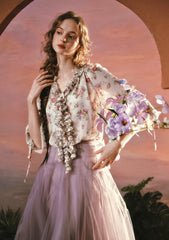 Romantic Purple Chiffon Shirt with V-Neck and Ruffles for Everyday Elegance