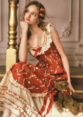 Vintage Teddy Bear Print Dress with Lace Neckline and Frilled Hem