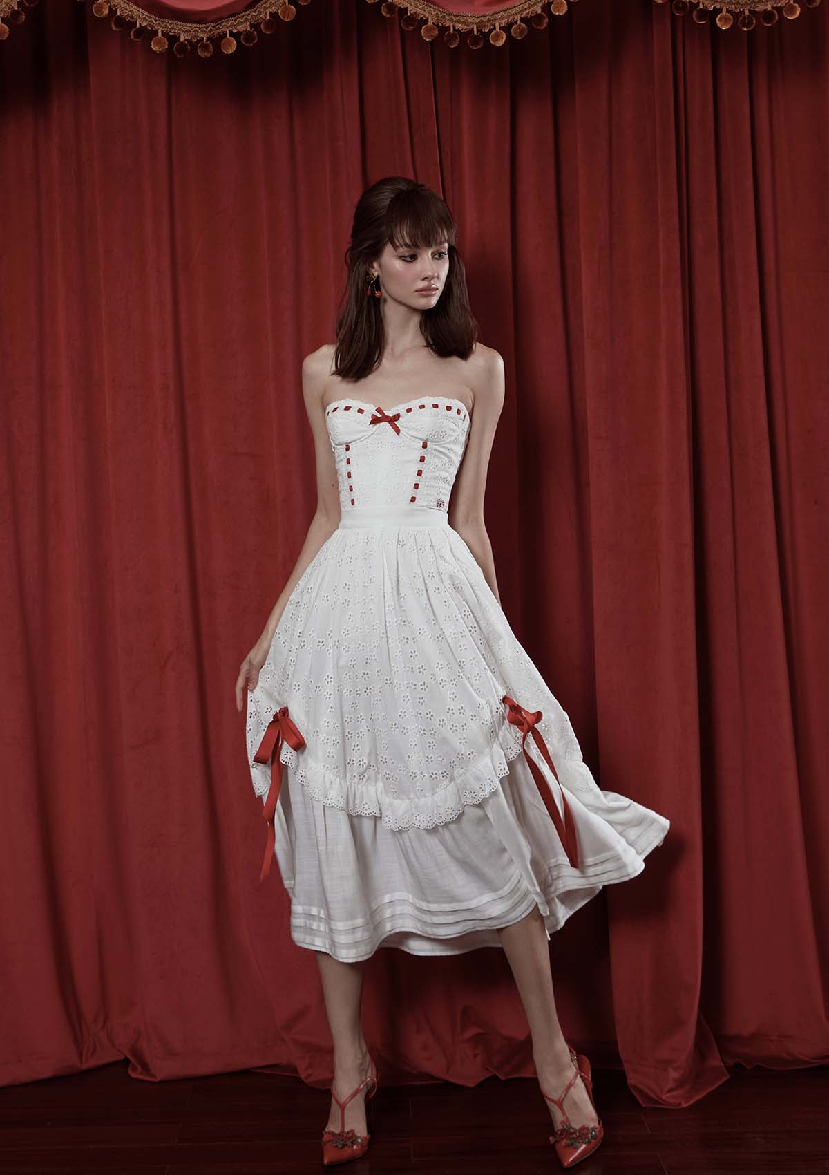 Vintage-Inspired Red Ballroom Skirt with Ribbon Accents