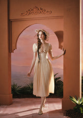Romantic Sunset Rose Dress with Lace Trim for Garden Parties and Dates