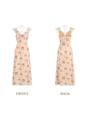 Romantic Wisteria Print Dress with Lace Trim and Flutter Sleeves