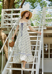 French-Inspired Corset Dress with Wild Blue Floral Print