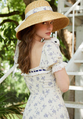 French-Inspired Corset Dress with Wild Blue Floral Print