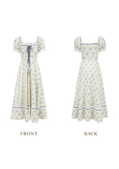 French-Inspired Corset Dress with Wild Blue Floral Print