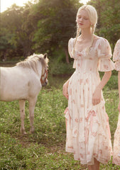 French Floral Corset Dress with Oil Painting Rose Design for Summer Elegance